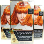 3x Loreal Preference 7.4 MANGO COPPER RED Permanent Hair Colour Dye