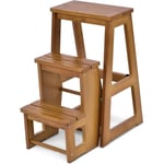 GOPLUS Tabouret d'Echelle 3 Marches Tabouret d’Escabeau Pliable 3 Etages, Fait en Bois de Pin