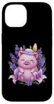 Coque pour iPhone 14 Cochon en style dessin animé kawaii avec lavande et lys