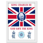 King Charles III Coronation God Save the King Union Jack Crest and Emblem Artwork Framed Wall Art Print A4