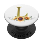 Sunflower, Gold Letter L Initial Monogram, Floral, White PopSockets Grip and Stand for Phones and Tablets PopSockets Adhesive PopGrip