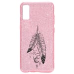 Coque Iphone XR paillettes rose plumes