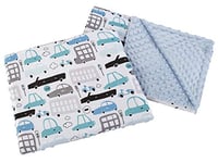 Medi Partners Couverture bébé Tapis d'éveil avec coussin 100% coton Minky Couverture pour enfant 55x75 + 35x30 cm multifonction pour poussette nacelle berceau (Cars avec bleu clair Minky)