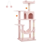 Feandrea Arbre à Chat Hauteur 143 cm, Tour de Jeux pour Chats, avec 4 Poteaux à Griffer, 2 Plateformes, 1 Niche, 1 Hamac, 2 Pompons, en Tissu