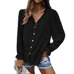 IHCEMIH Women Tops, Women's Long Sleeve Blouses V Neck Puff Sleeve Lace Button Down Shirt Dressy Casual Work Top Basic Blouse Autumn Clothes Classy Outfits for Ladies UK Black XL