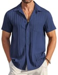 COOFANDY Chemise d'été décontractée à Manches Courtes pour Homme - Coupe Droite - Rayures ondulées - Chemise de Plage texturée avec Poche - Bleu Marine XXL