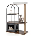 COSTWAY Arbre à Chat avec Cadre en Métal, Tour à Chat de 118 CM avec Condo en Bois, Centre d'Activités pour Chaton avec Griffoir en Jute Et Boule Suspendue, Charge 20 KG Chaque Couche (Noir)