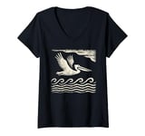 Womens Silhouette Wave Flying Bird Wildlife Ocean Cave Art Pelican V-Neck T-Shirt