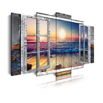 DekoArte 495 - Impression Sur Toile Moderne | Toile Décorative Pour Votre Salon Ou Votre Chambre | Style Paysage Vue Sur La Plage au Coucher De Soleil depuis la Fenêtre | 5 Pièces 150 x 80 cm