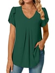 Bestbee Ladies Summer Tops, Dressy Chiffon Blouses Pleated Shirts Petal Short Sleeve Tunic Tops for Women V-Neck Casual T-Shirts, Dark Green, XL