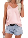 Zeagoo Top en satin pour femme - Haut spaghetti - Col en V - Débardeur en soie - Sans manches - T-shirt d'été - Bretelles réglables - Haut basique, Rose, L