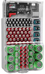 THE BATTERY ORGANISER and Tester with Cover, Storage Case, Holds 93 Batteries of Various Sizes, Includes a Removable Battery Tester, Battery Holder for Garage Organization, Gray