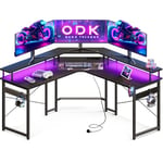 ODK Bureau Gaming avec LED, Bureau d'angle Gaming avec Prises et Ports USB, Bureau Gaming Angle avec Support pour Moniteur, Noir, 129x129 cm