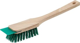 Meister 4360350 Brosse pour tondeuse à gazon avec grattoir - Poils robustes en plastique et long manche en bois - Vert - Brosse pour outils de jardin - Balayette à main pour le nettoyage de la tondeuse à gazon