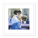 Frieseke Girl Blue Arranging Flowers Painting 8X8 Inch Square Wooden Framed Wall Art Print Picture with Mount