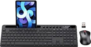 Wireless Keyboard and Mouse Set, 2.4G Wireless US Computer Keyboard with Phone/Pad Tablet Holder, Silent Mouse with 6 Button, Compatible with MacBook, Windows (Black)