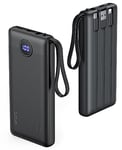 VRURC Batterie Externe 10000mAh Câble intégré Power Bank USB C 2.4A et 5 Sorties Ultra Mince Batterie Portable avec l’Ecran LED pour iPhone Huawei Samsung (Noir)