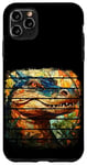 Coque pour iPhone 11 Pro Max Vitrail rétro bleu alligator/crocodile, feuilles vertes