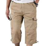 Herr 3/4 Lång Längd Elastiska Shorts Midja Cargo Combat Tre Kvarts Byxor Khaki 3XL