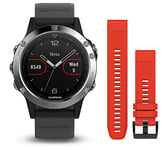 Garmin Fenix 5 - Multisport Watch with HR and GPS, 47 mm, Silver Pack 2 Straps (Black and Red)