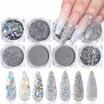 Holografiska Nail Glitter Paljetter Nail Art Supplies 3D Nails Glitter Flakes Glänsande Akryl Naglar Puder Dust Silver Nail Glitter Set för Nails Art