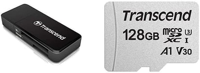 Lecteur de cartes SD/MicroSD USB 3.0 Noir TS-RDF5K + Carte Mémoire microSDXC 300S 128 Go - UHS-I Classe 3