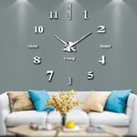 GROOFOO Horloge murale 3D sans cadre DIY XXL Dumb mirror stickers Home office decoration (garantie 2 ans) (Silver-14)