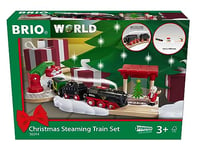 BRIO World 36014 Kit de Noël avec batterie - De la cheminée de la locomotive émet de la vapeur d'eau froide - Grande disposition de rail pour un tour autour du sapin de Noël - Recommandé à partir de 3