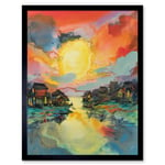 Atmospheric Clouds Over Mono Lake Fishing Village at Dawn Modern Watercolour Painting Art Print Framed Poster Wall Decor 12x16 inch