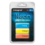 Integral Pack de 3 clés USB 2.0 16Go Bleue/Jaune/Orange INFD16GBNEONBLYLOR