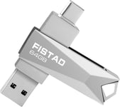 64 Go Clé USB 3.0 2 en 1 Métal Flash Drive Rotation Type C Mémoire Stick OTG Pen Drive pour PC/Smartphones/MacBook (Argent)