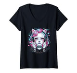 Womens Cute Cat Woman with Headphones for a Cat Owner Cat Lover V-Neck T-Shirt