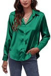 Panegy Lady Casual Elegant Shirts Shiny Silk Like Blouses Satin Lapel Shirts V Neck White Shirts for Women Long Sleeve Shirt Office Work Business Wear Green S