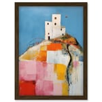 Artery8 House on the Hill Oil Painting Abstract Geometric Patchwork Palette Knife Pastel Colour Rural Landscape Artwork Framed Wall Art Print A4