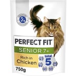 Perfect Fit Senior 7+ Complete Dry Cat Food for Senior Cats Aged 7+ Years, Rich in Chicken, 4 Bags (750 g)