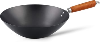 Carbon Steel Wok, 31cm, Classic, Non-Induction/Wooden Handle/Flat Base Pan, Inc