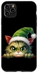 Coque pour iPhone 11 Pro Max Chat de Noël vert portant un bonnet de Père Noël vert