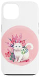 Coque pour iPhone 13 Chat blanc mignon, fond rose, art floral