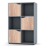 URBNLIVING Wooden Grey Cube Bookcase Shelving Display Shelves Storage Units Wood Shelf Door (Grey Bookcase And Oak Doors, 6 Cube)