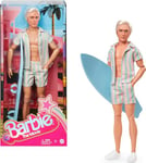 Barbie The Movie Ken Doll Wearing Pastel Pink and Green Striped Beach Matching Set with Surfboard and White Sneakers, JBJ54