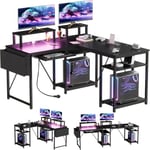 Airfish Bureau d'angle avec Rangement 140×140cm, Bureau Gaming avec LED et Port de Charge USB, Bureau avec Étagère, Plateau pour Clavier, Prise de Courant et Support d'écran（Noir）