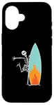 Coque pour iPhone 16 Squelette de surf avec planche de surf brûlante