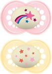 MAM Original Night Soother 16+ Months (Pack of 2), Sustainable Baby Soother, SkinSoft Silicone Teat, Glow in the Dark Soother, Pink (Designs May Vary)