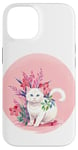 Coque pour iPhone 14 Chat blanc mignon, fond rose, art floral