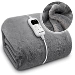 Deluxe Grey Heated Throw Electric Blanket Soft Fleece 160x120cm 9 Heat & Timer