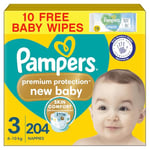 Pampers Premium Protection New Baby Size 3, 204 Nappies, 6kg-10kg, Monthly Pack + Pampers Harmonie Aqua Baby Wipes 10 Count