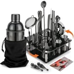 KINGROW Mixology Cocktail Shaker Set - Complete 29-Piece Bartender Kit and Bar Tools with Acrylic Rotating Stand, Professional Bar Set for Drink Mixing, Home, Bar, Party (Black)