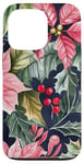 Coque pour iPhone 13 Pro Poinsettias rouge vif avec houx et feuilles vert foncé