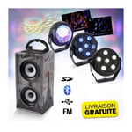 Mini Colonne sur batterie 12W USB SD AUX BLUETOOTH FM PARIS + Pack de 3 jeux de lumière à led Astro RGB, PAR Stroboscope - Neuf