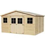 Abri de Jardin en Bois 12 m² - avec sol imprégné – extérieur H246 x 418 x 320 cm - Construction de panneaux en bois naturel Timbela M331+M331G